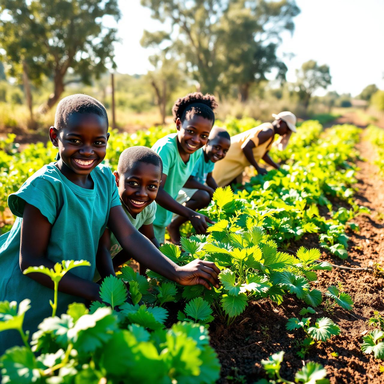 Niños y agricultores cuidando un huerto comunitario sostenible en África