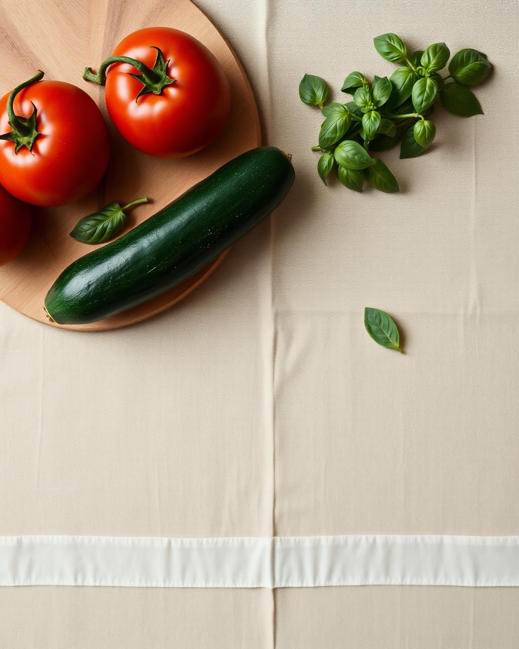 Tomates, calabacín y albahaca fresca sobre lino crema